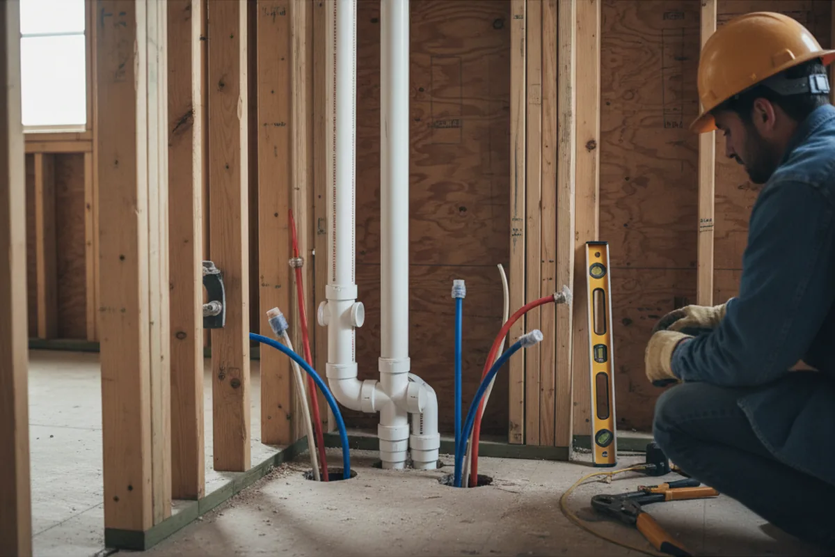 Drain and supply rough-in during Sump Pump Repair in Thermal