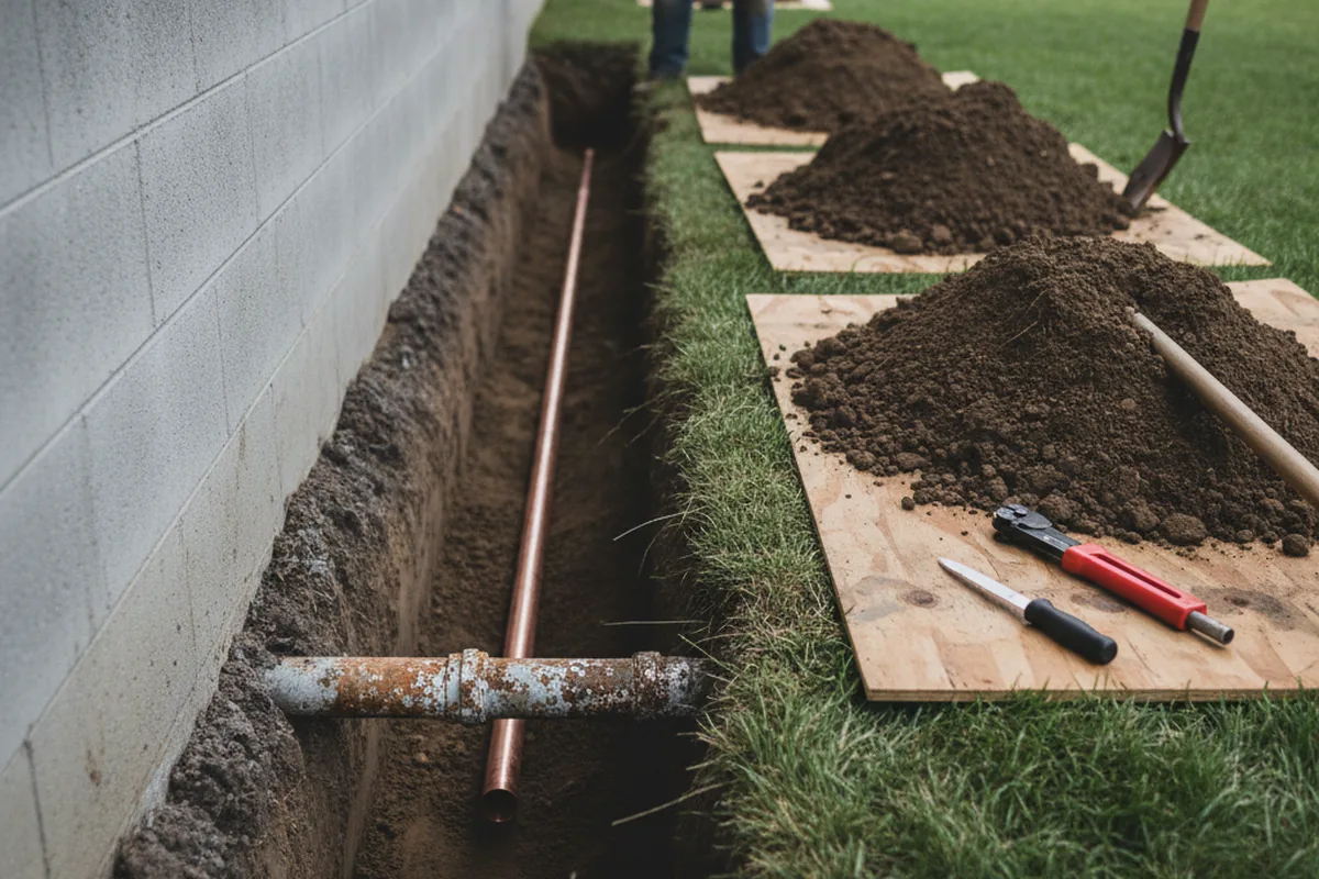 Excavated water line trench during Water Softener Installation in Thermal